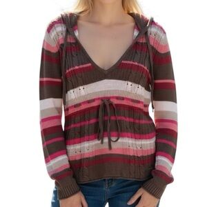 DKNY Vintage Pink, Brown, Red Striped V-Neck Cable Knit Sweater Waist Tie & Hood
